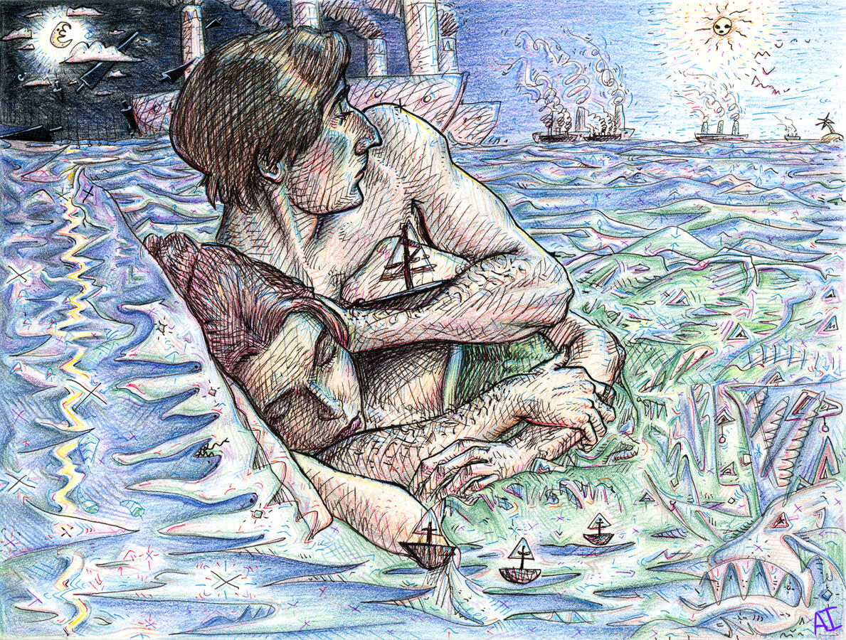 Ocean Adrift Lovers, colored pencil and pen on paper, 12&quot;x9&quot;, 2018